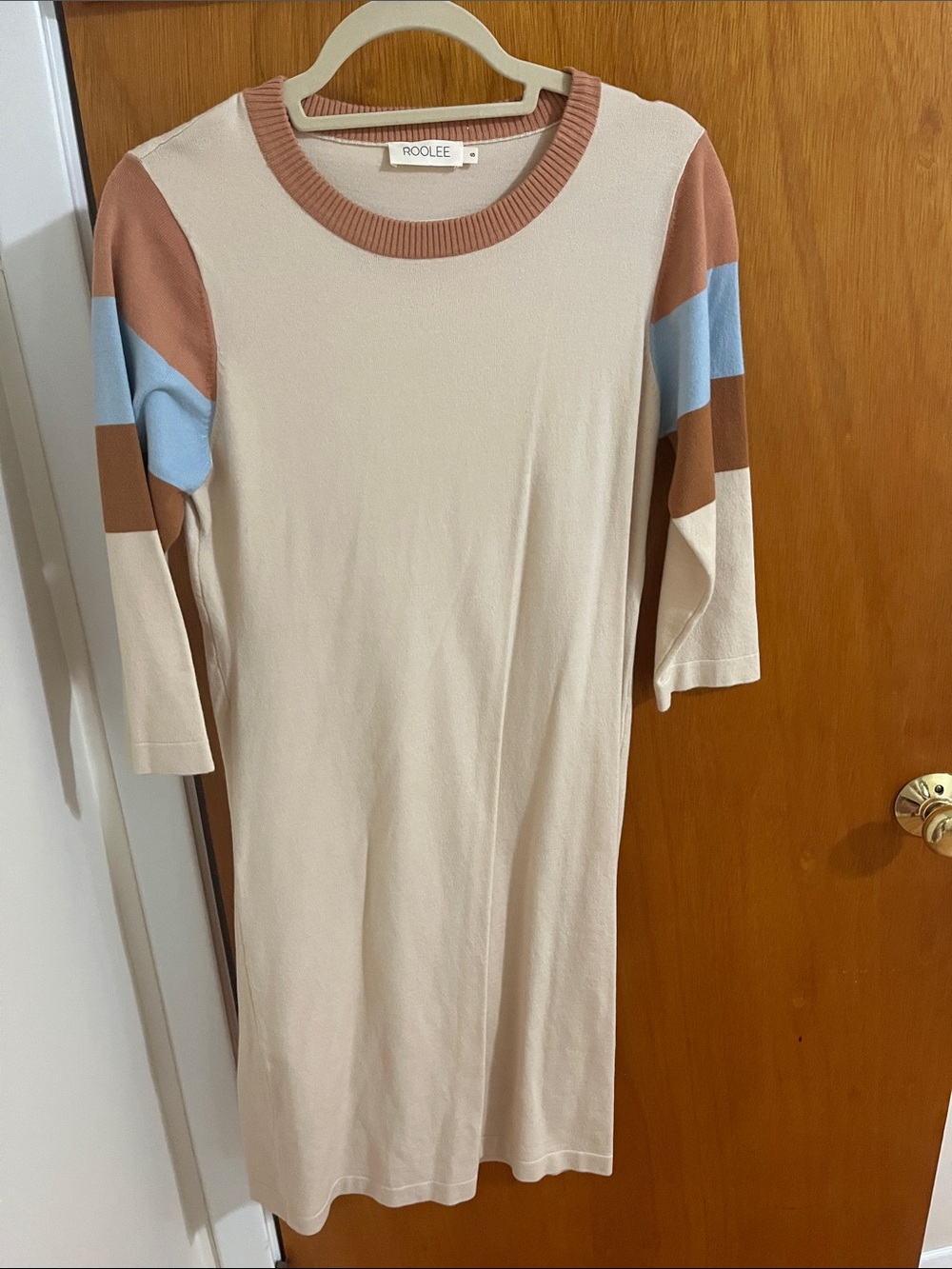 Roolee Cream Midi Dress with Rust and Sky Blue Sleeve Stripes